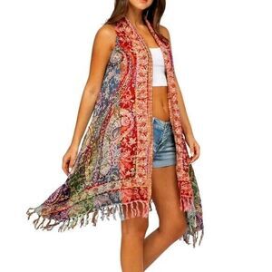 Embroidered Long Boho Vest Raj Imports Red Gold Blue Sahira Vest Tassels Wrap